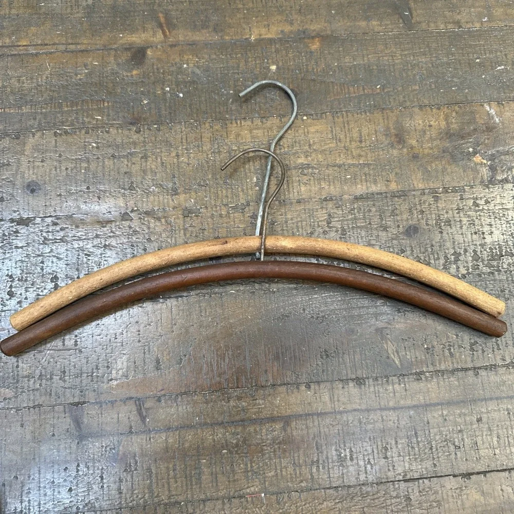 Antique Primitive Wooden Clothes Hangers Pair Curved Round Wood 17